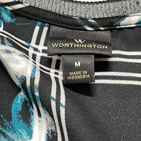 Worthington Top Blouse Women Medium M Black Blue Floral Print Semi Sheer V-Neck - Picture 7 of 7
